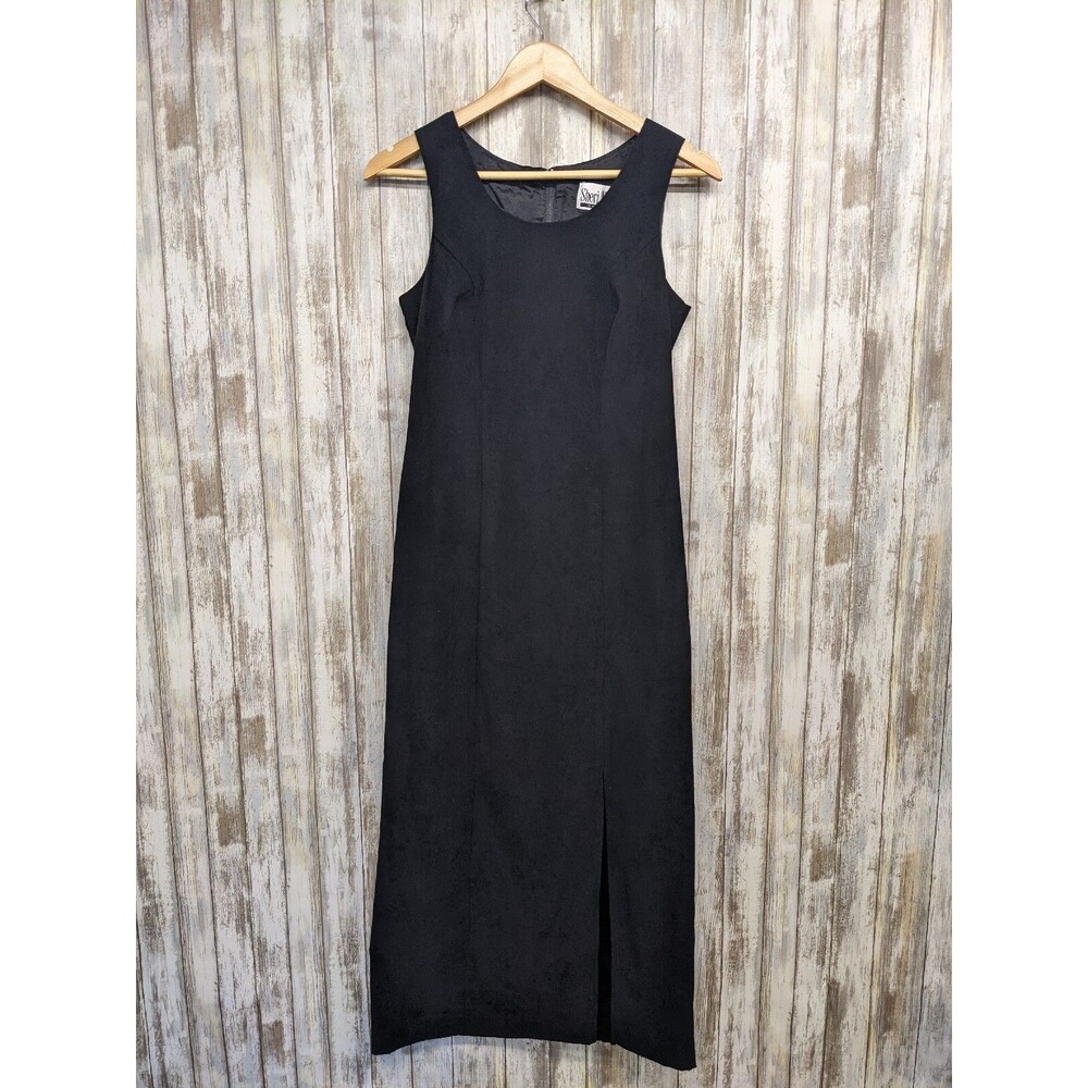 Vtg 90s Sheri Martin NY Black Faux Suede Maxi Dress Classic Event Side Slit Sz 6